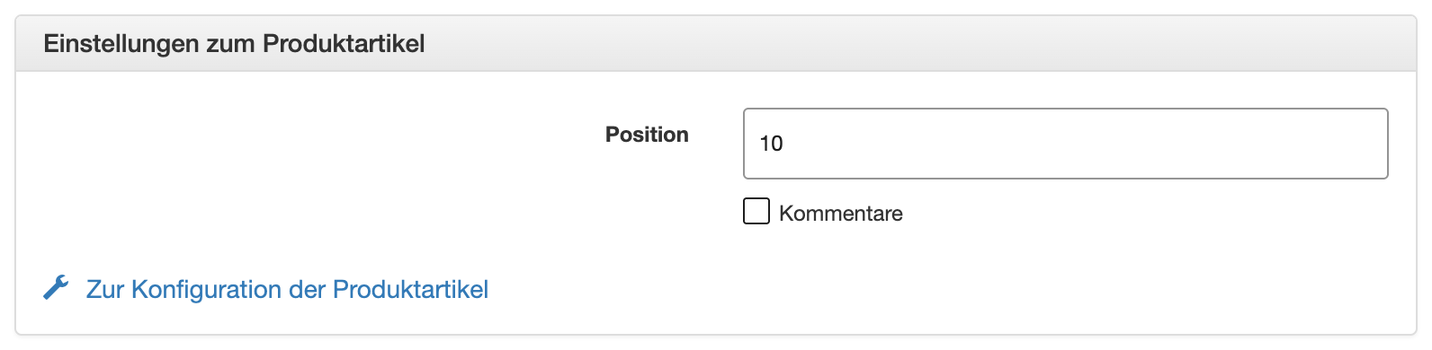 Position im Kasten Einstellungen zum Produktartikel