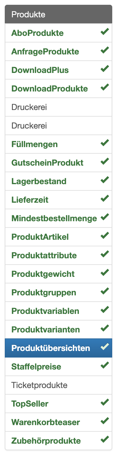 Modul Produktübersichten in der Modulliste