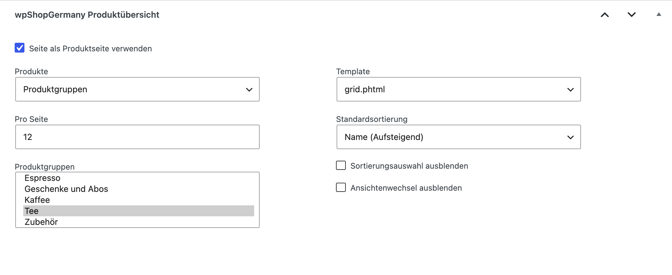 Kasten wpShopGermany Produktübersicht im Seiteneditor