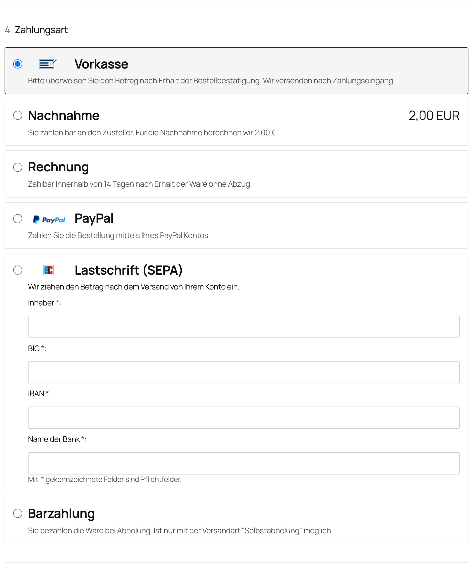 Auswahl der Zahlungsart