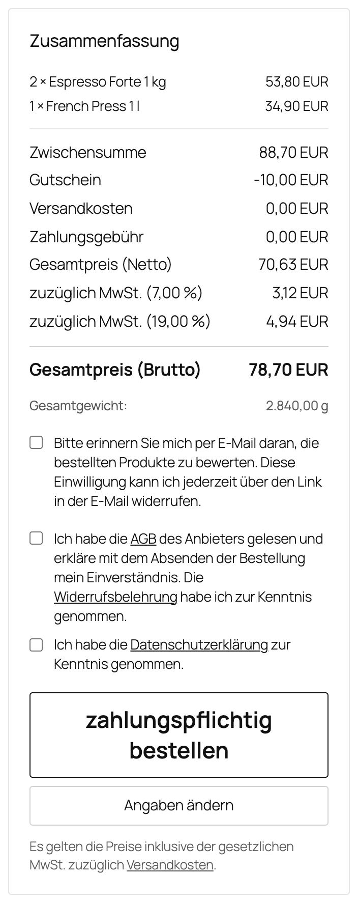 Zusammenfassung mit Bestellbutton
