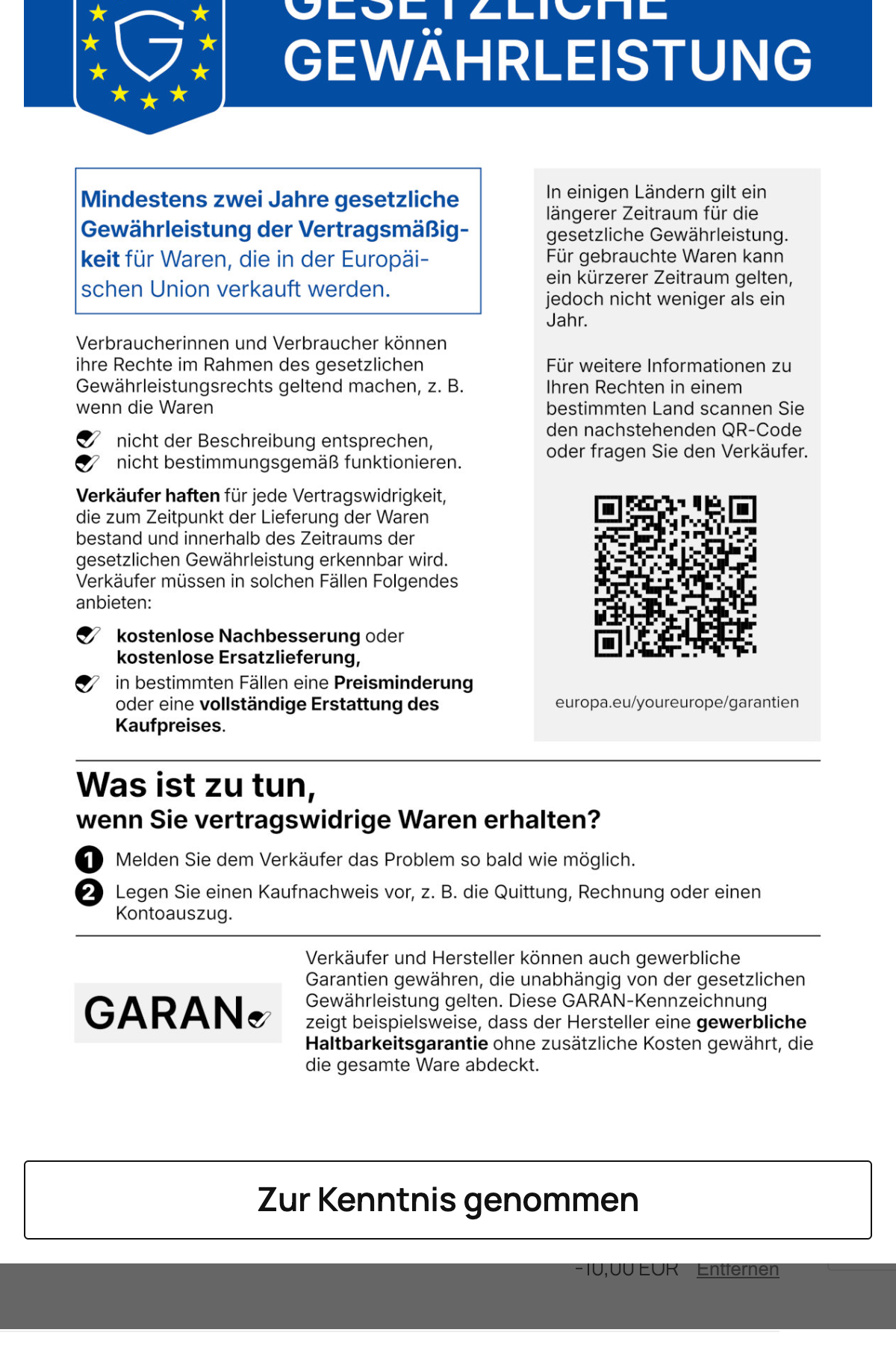 Hinweis zur gesetzlichen Gewährleistung (GARAN)