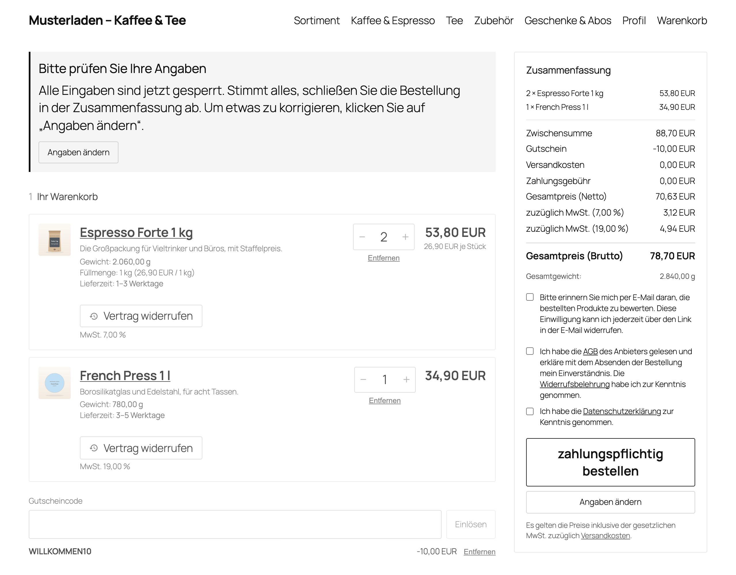 Bestätigungsschritt mit „Bitte prüfen Sie Ihre Angaben“, gesperrten Eingaben und „Angaben ändern“