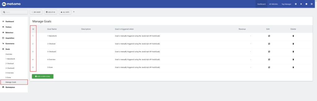 ID eines Ziels im Matomo-Dashboard