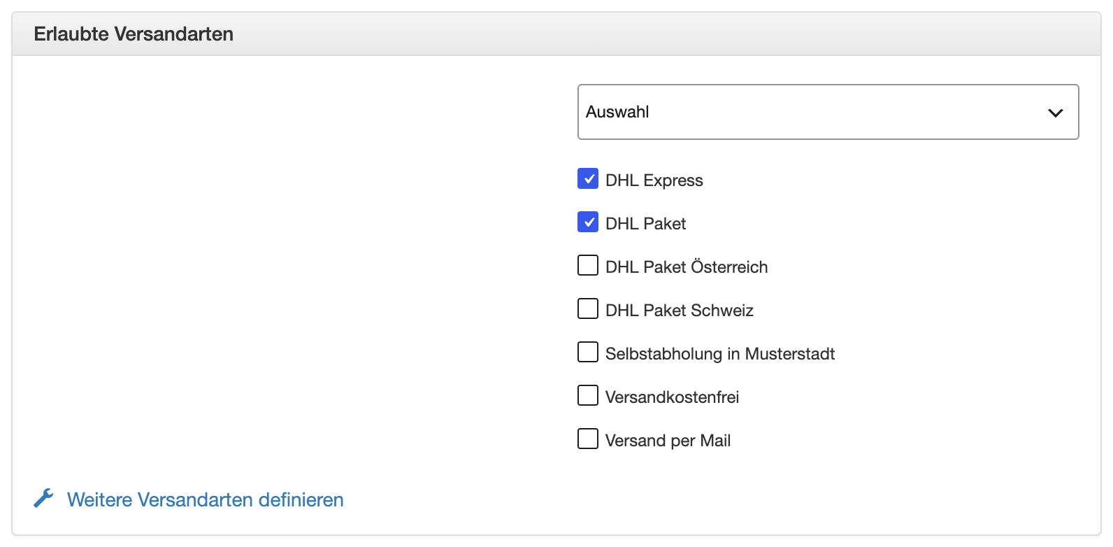 Erlaubte Versandarten der French Press in der Produktverwaltung