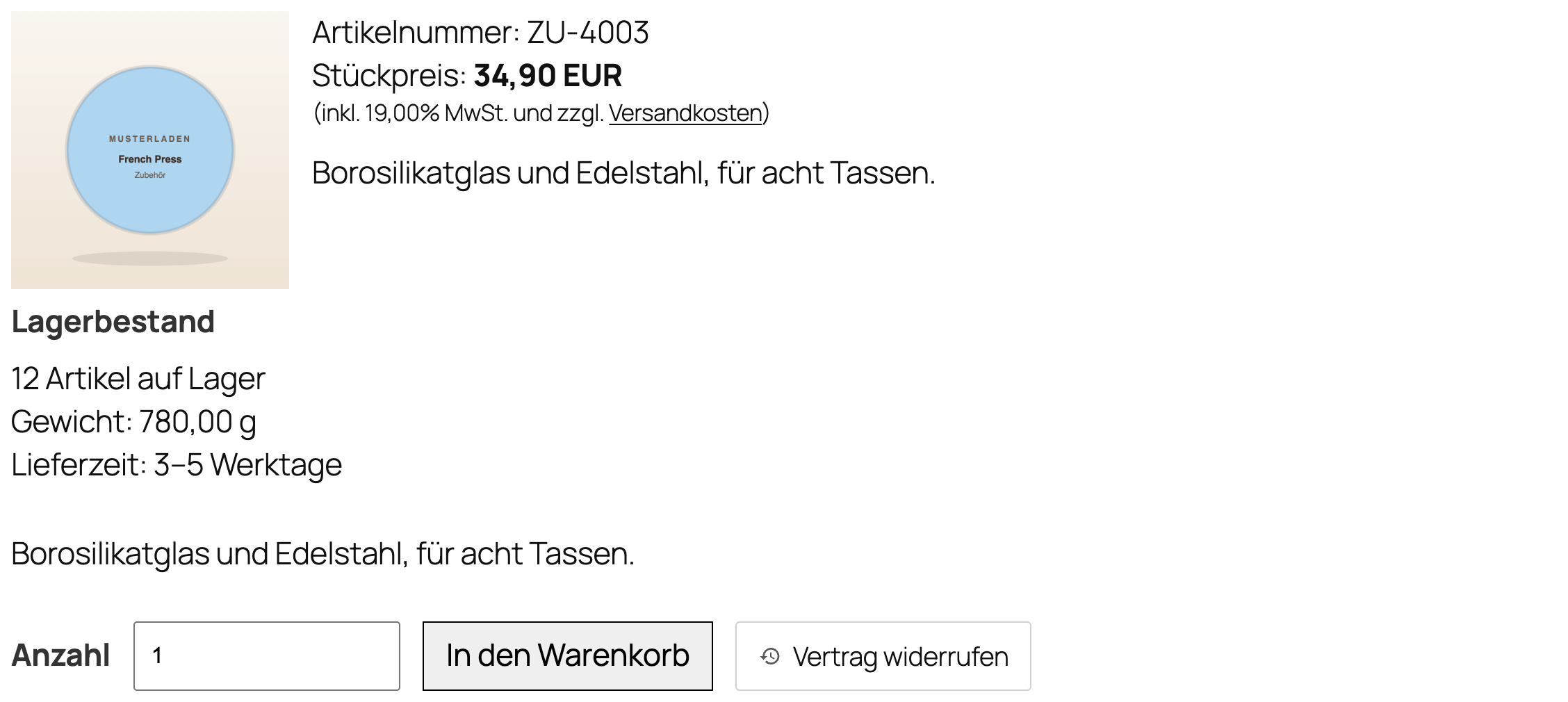 Knopf „Vertrag widerrufen“ auf der Produktseite und Flyout am rechten Rand
