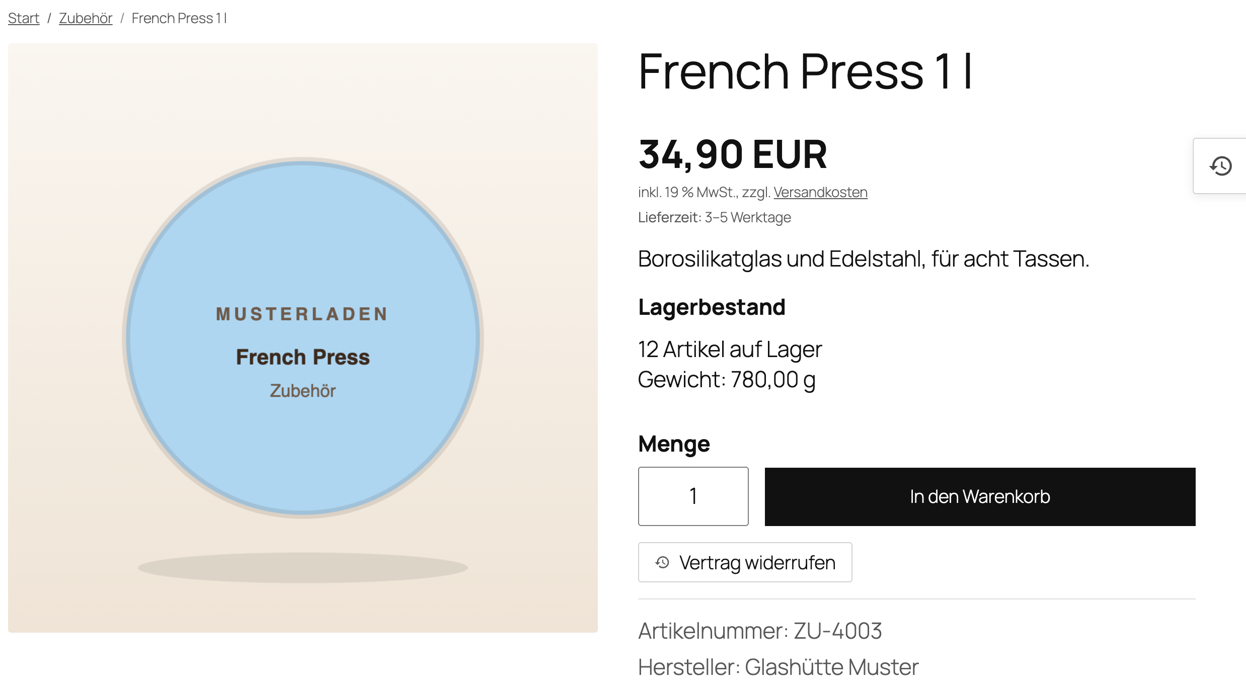 Knopf „Vertrag widerrufen“ auf der Produktseite und Flyout am rechten Rand