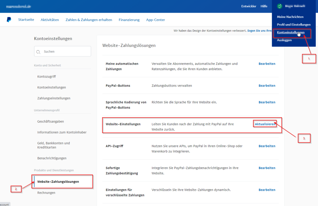 Navigation zu den Website-Einstellungen bei PayPal
