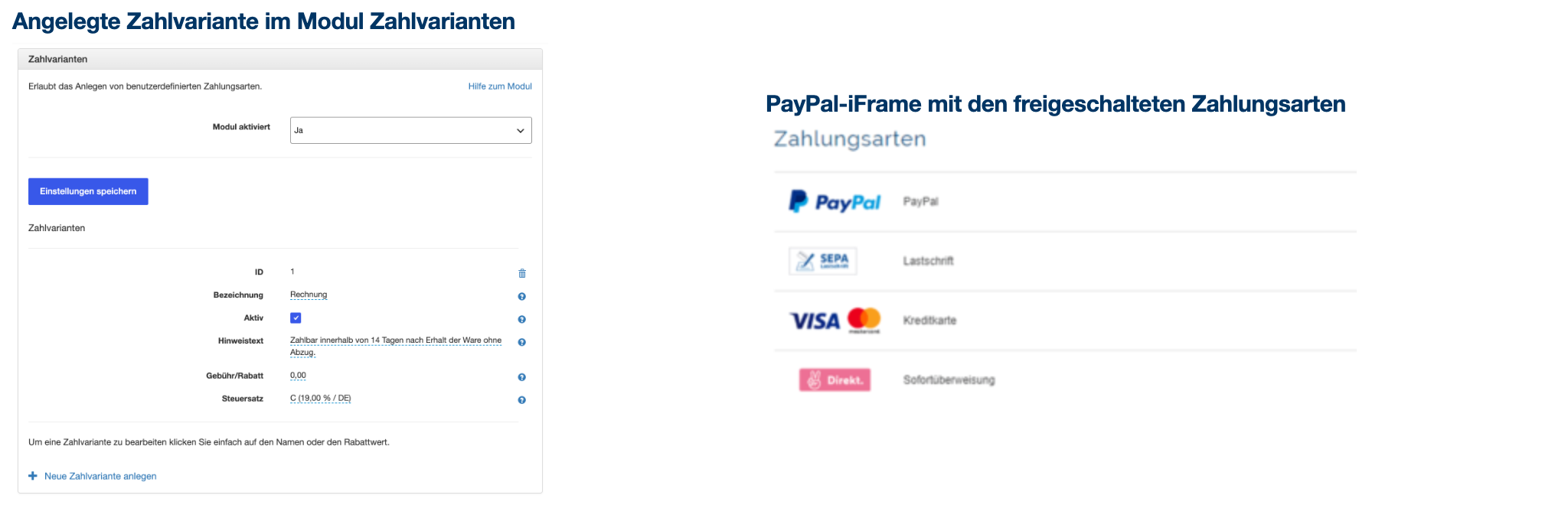 Zahlvarianten neben den Zahlarten von PayPal