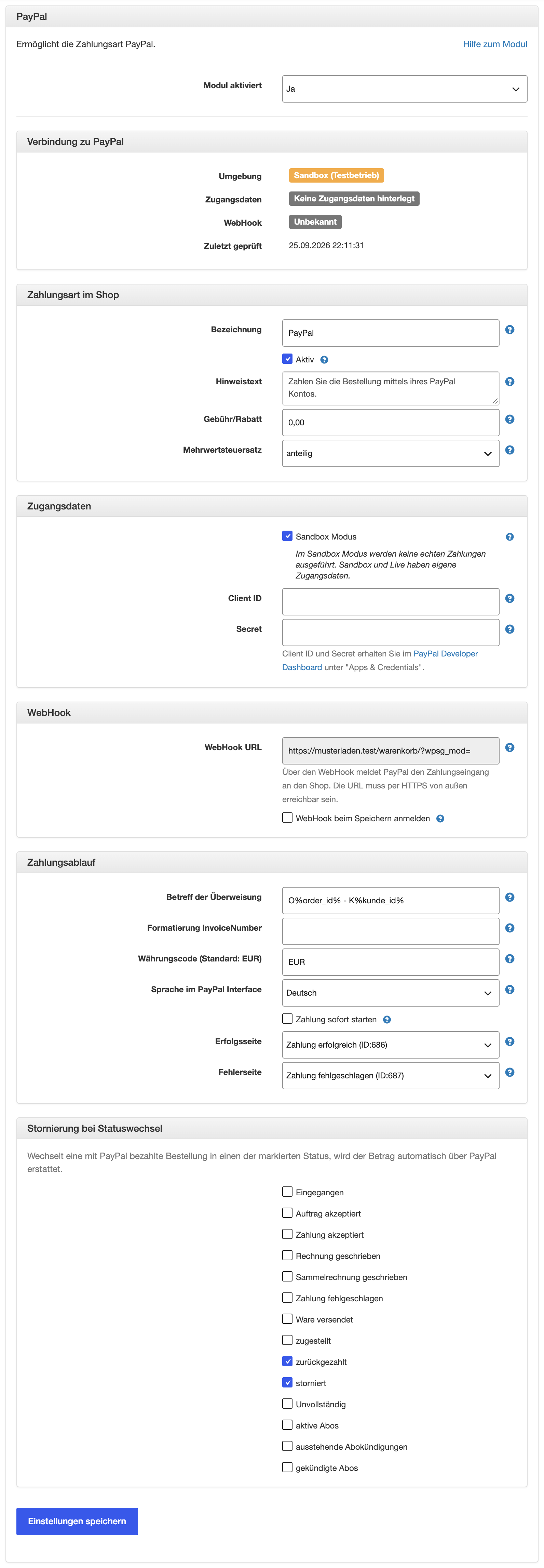 Moduleinstellungen PayPal