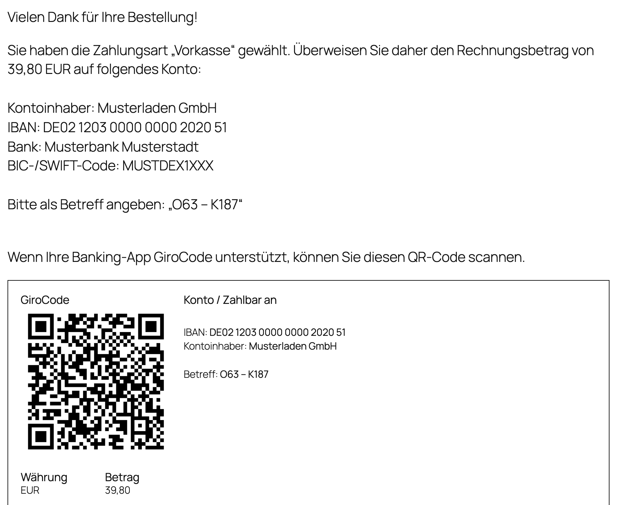 Abschlussseite mit Bankverbindung und GiroCode