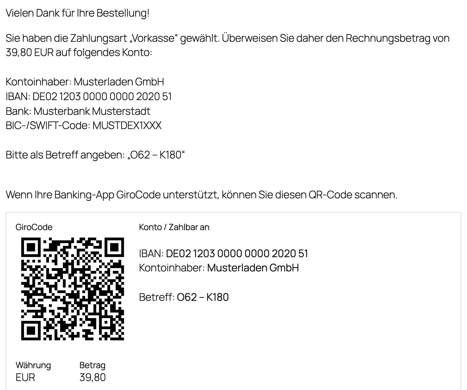 Abschlussseite mit Bankverbindung und GiroCode