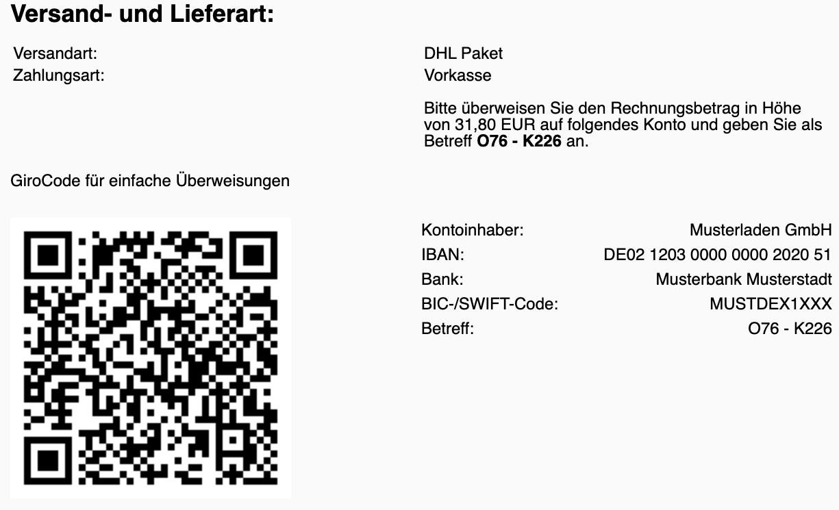 Zahlungsangaben mit GiroCode in der HTML-Bestellbestätigung
