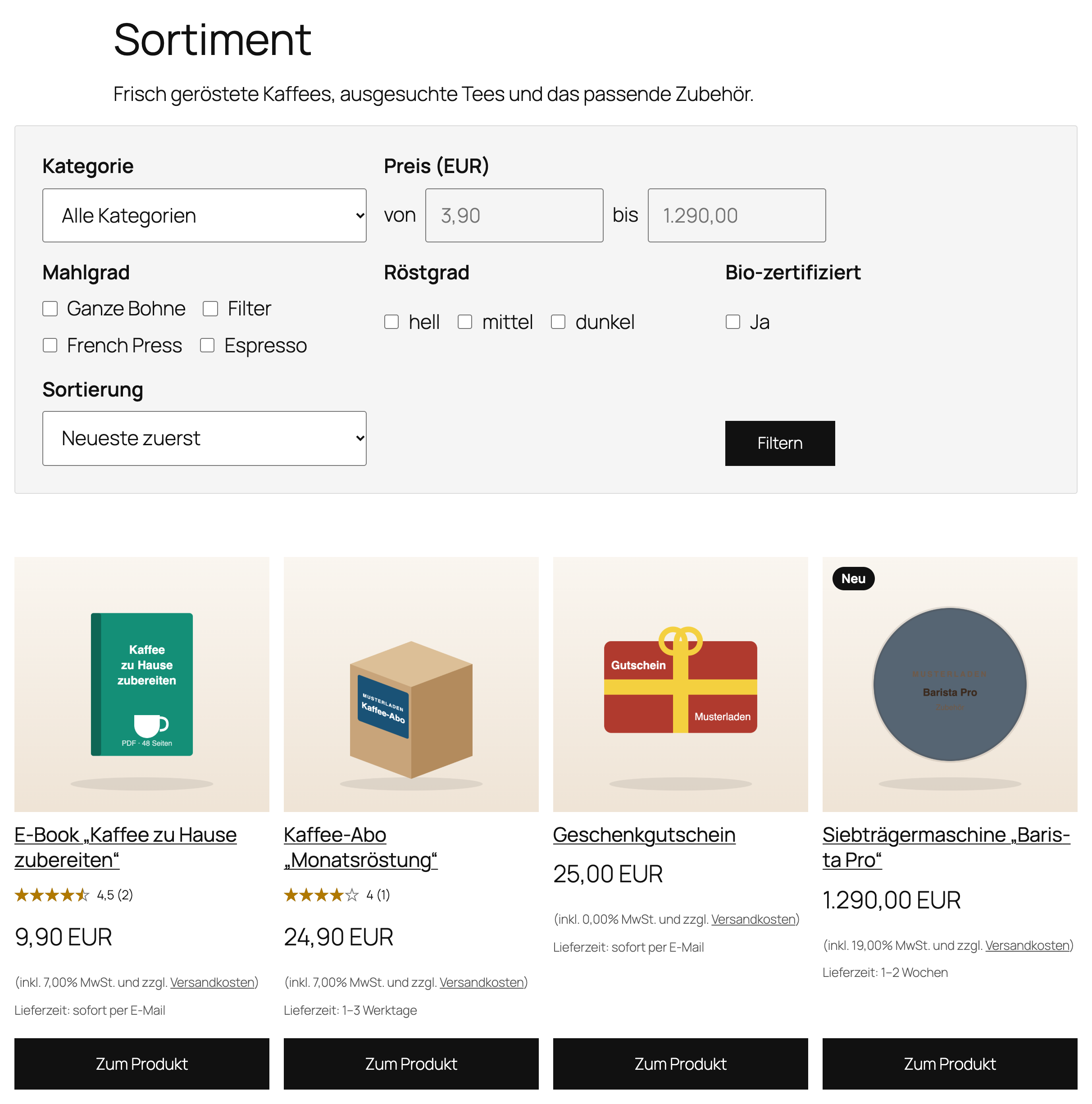 Seite „Sortiment“ mit dem Block Produktkacheln und der Filterleiste
