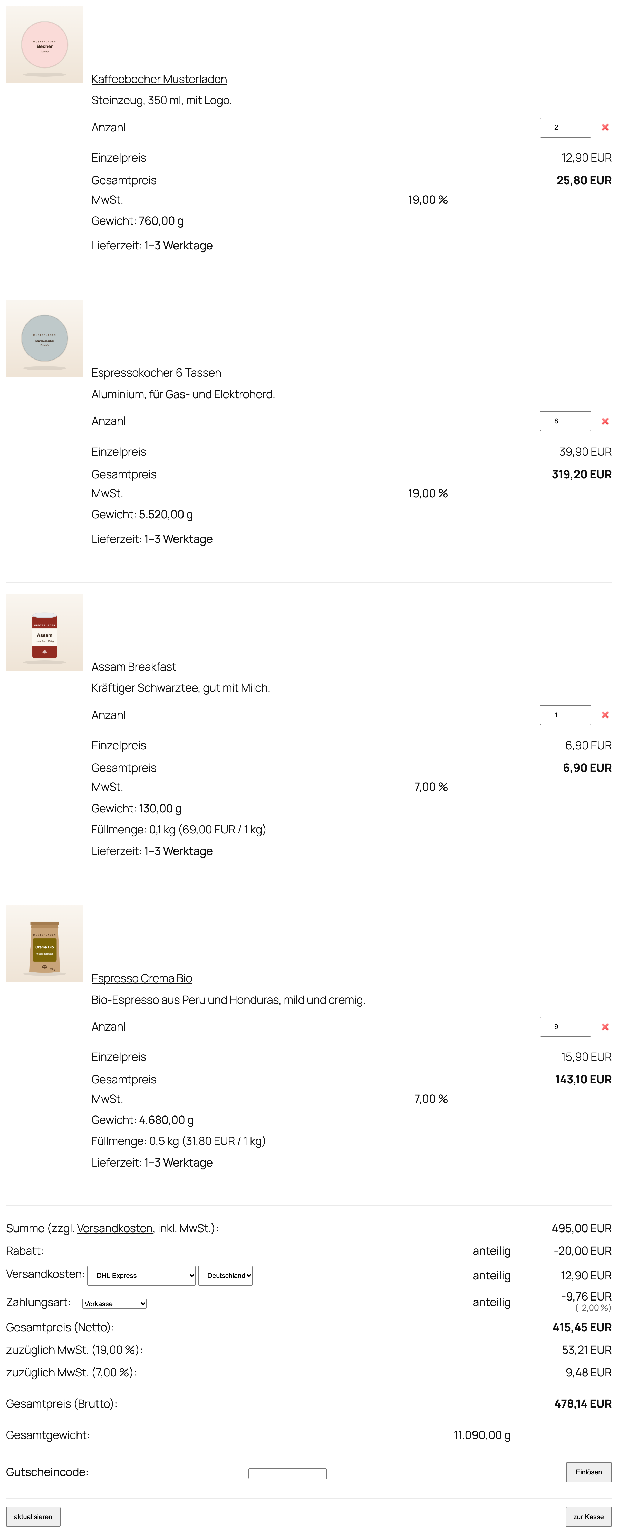 Warenkorb mit Produkten zu 19 % und 7 % und Rabatt
