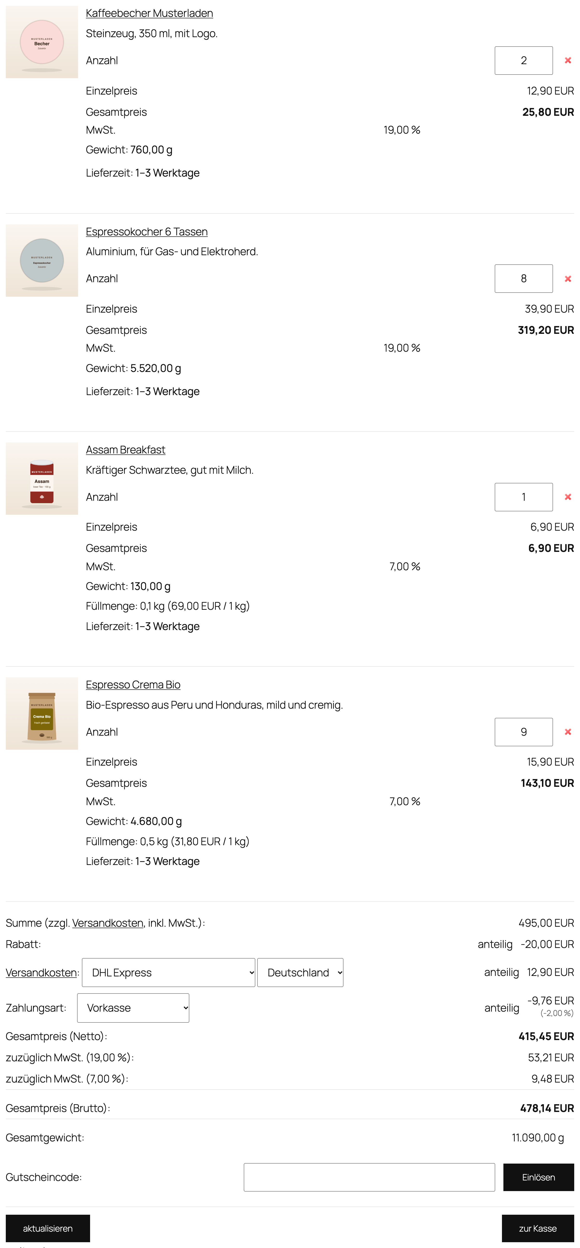 Warenkorb mit Produkten zu 19 % und 7 % und Rabatt