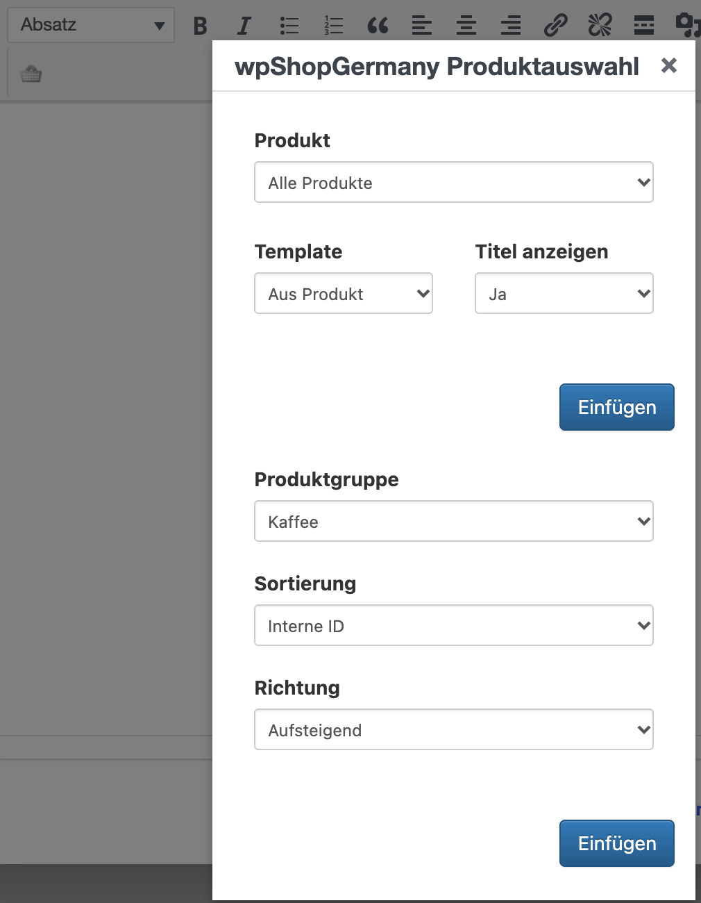 Fenster „wpShopGermany Produktauswahl“ nach Klick auf den Warenkorb-Button