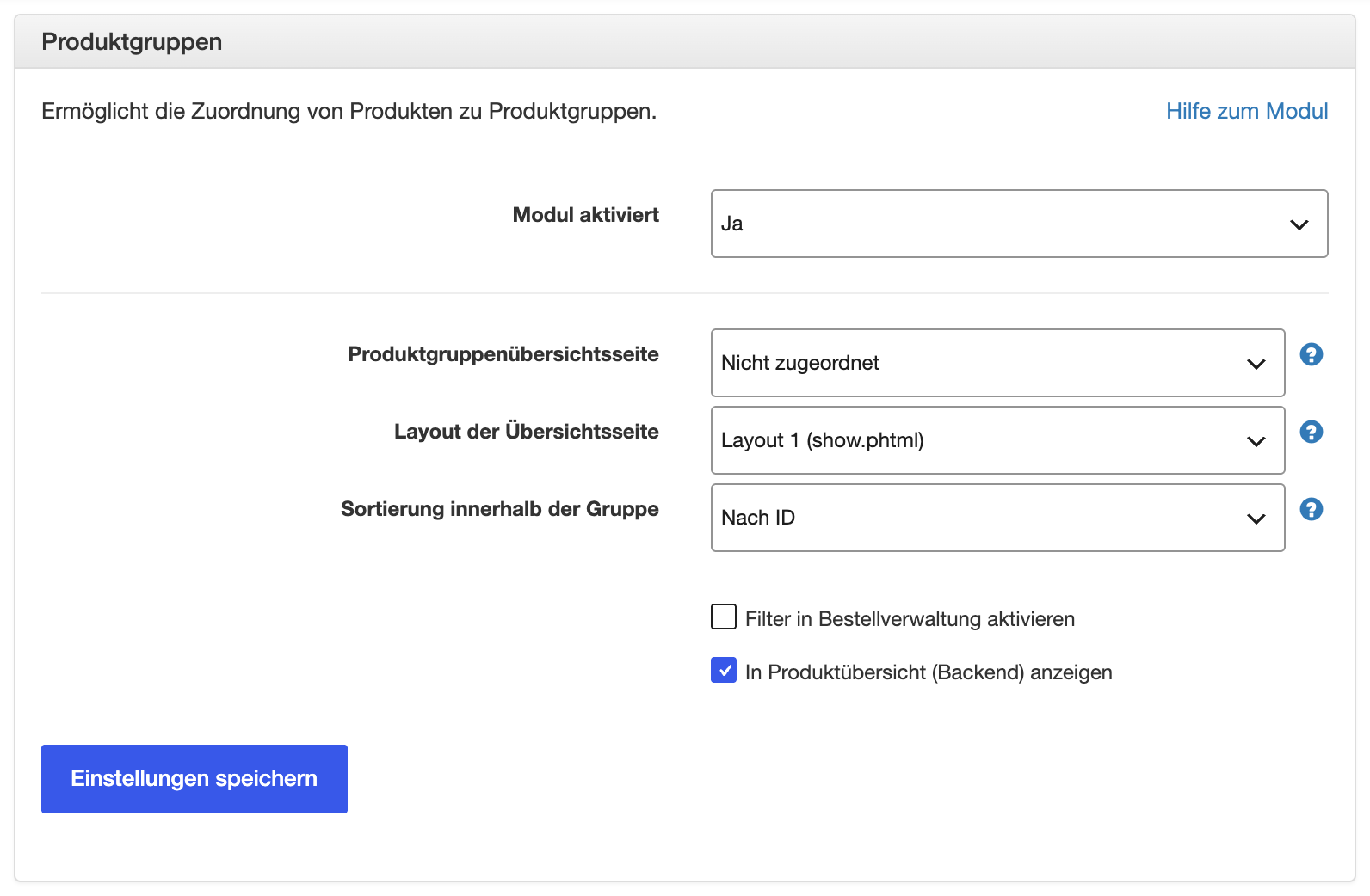 Einstellungen des Moduls Produktgruppen