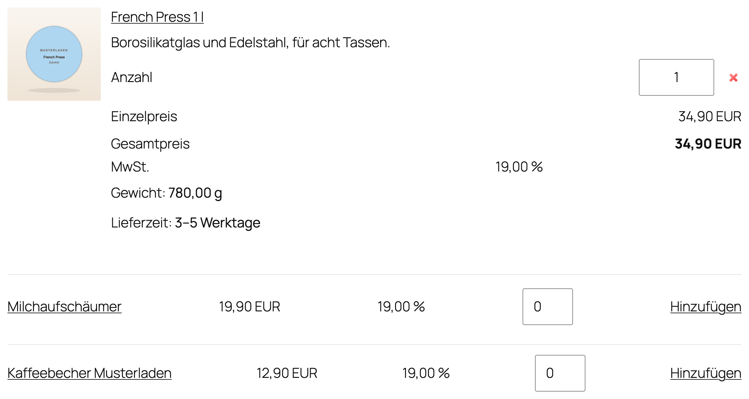 Warenkorb mit zwei Teaserprodukten