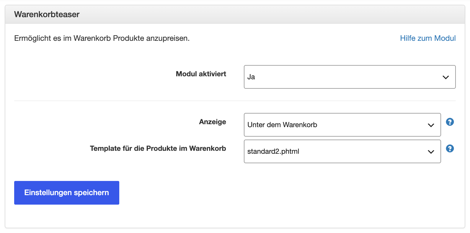 Moduleinstellungen Warenkorbteaser