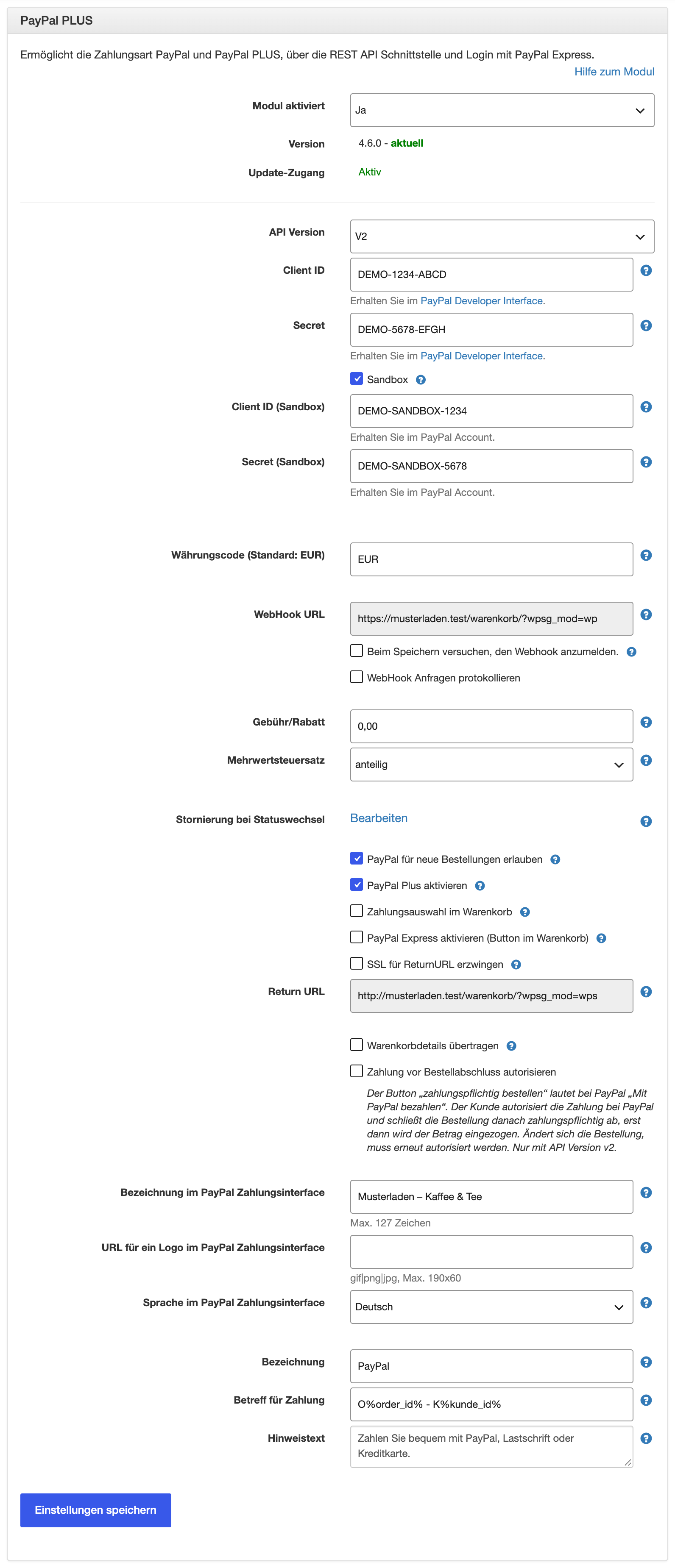 Einstellungen des Moduls PayPal PLUS