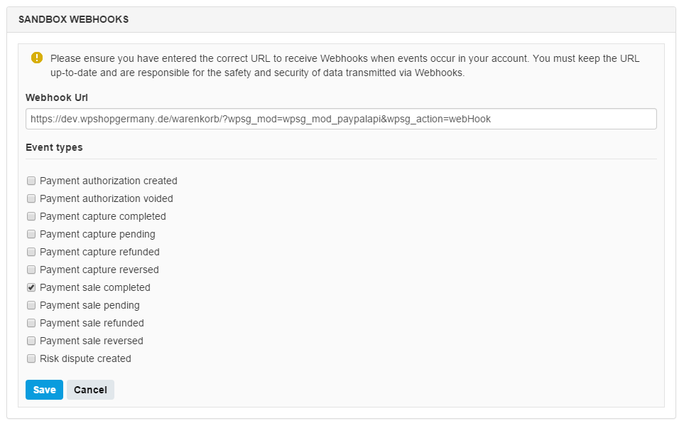 WebHook im PayPal Developer Dashboard