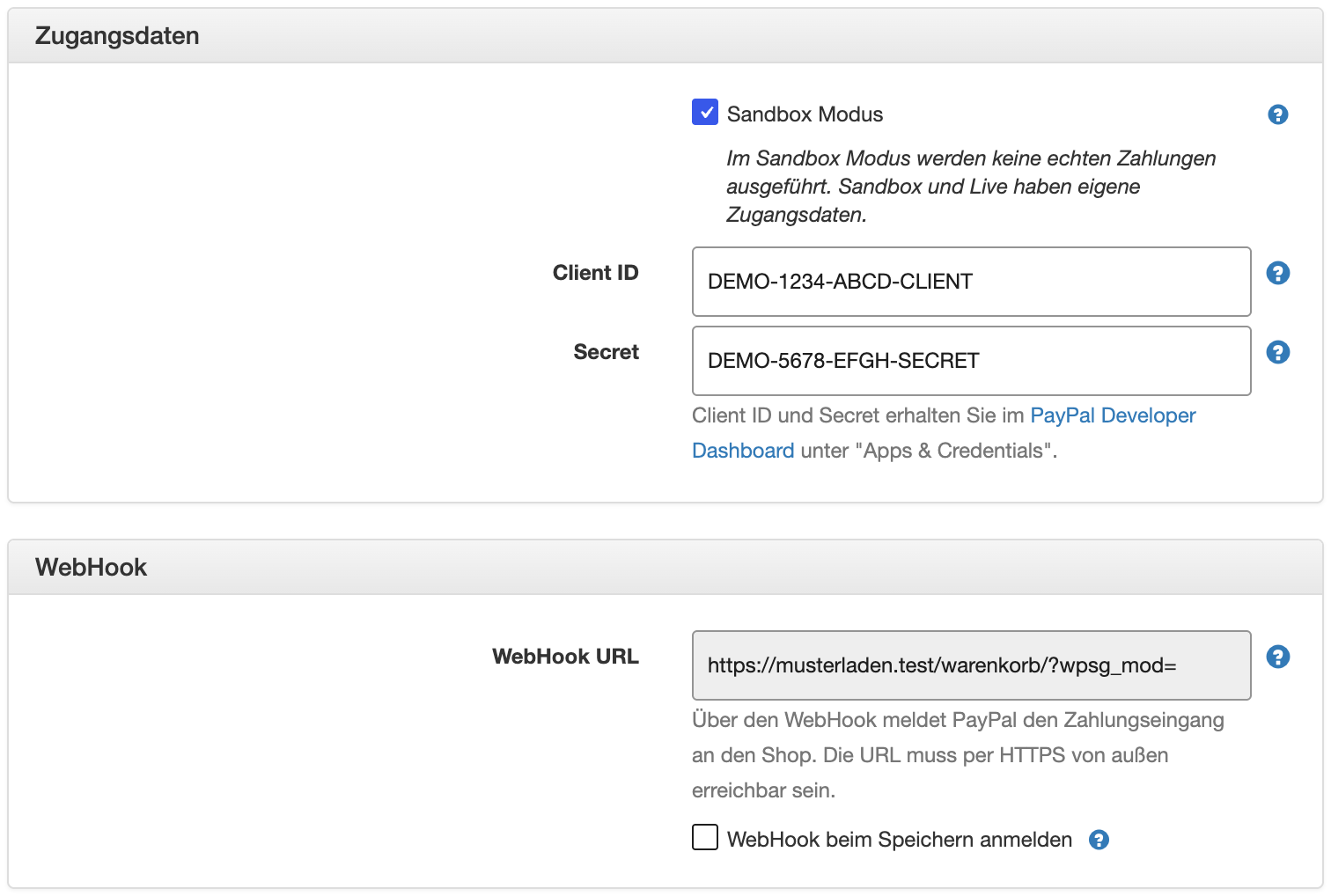 Kästen „Zugangsdaten“ und „WebHook“ im Modul PayPal