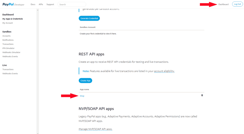 App mit Client ID und Secret im PayPal Developer Dashboard