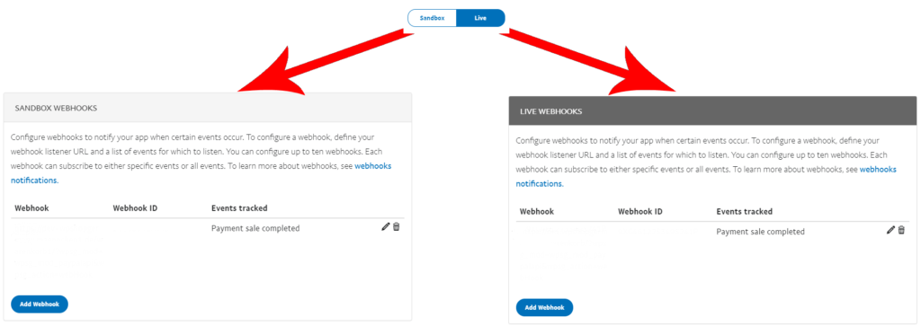 WebHooks in der App im PayPal Developer Dashboard