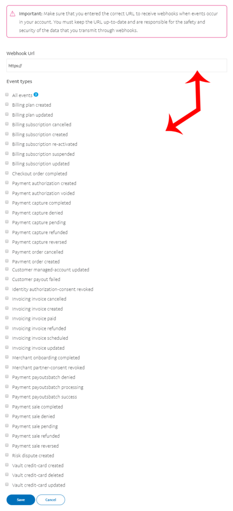 WebHook-Adresse und Ereignisse im PayPal Developer Dashboard