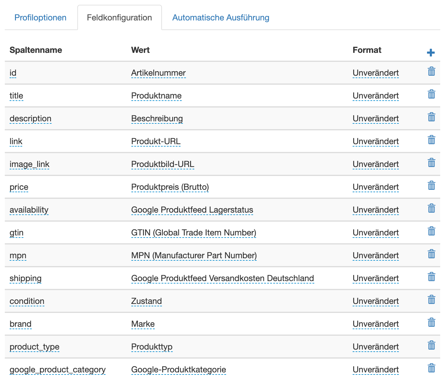 Feldkonfiguration eines Produktprofils für Google Shopping