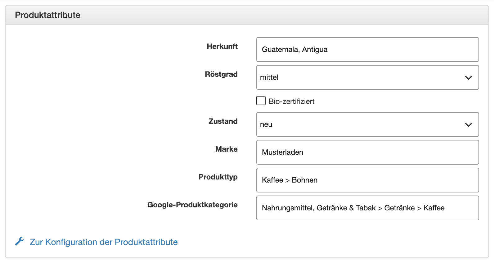 Produktattribute für Google Shopping beim Produkt