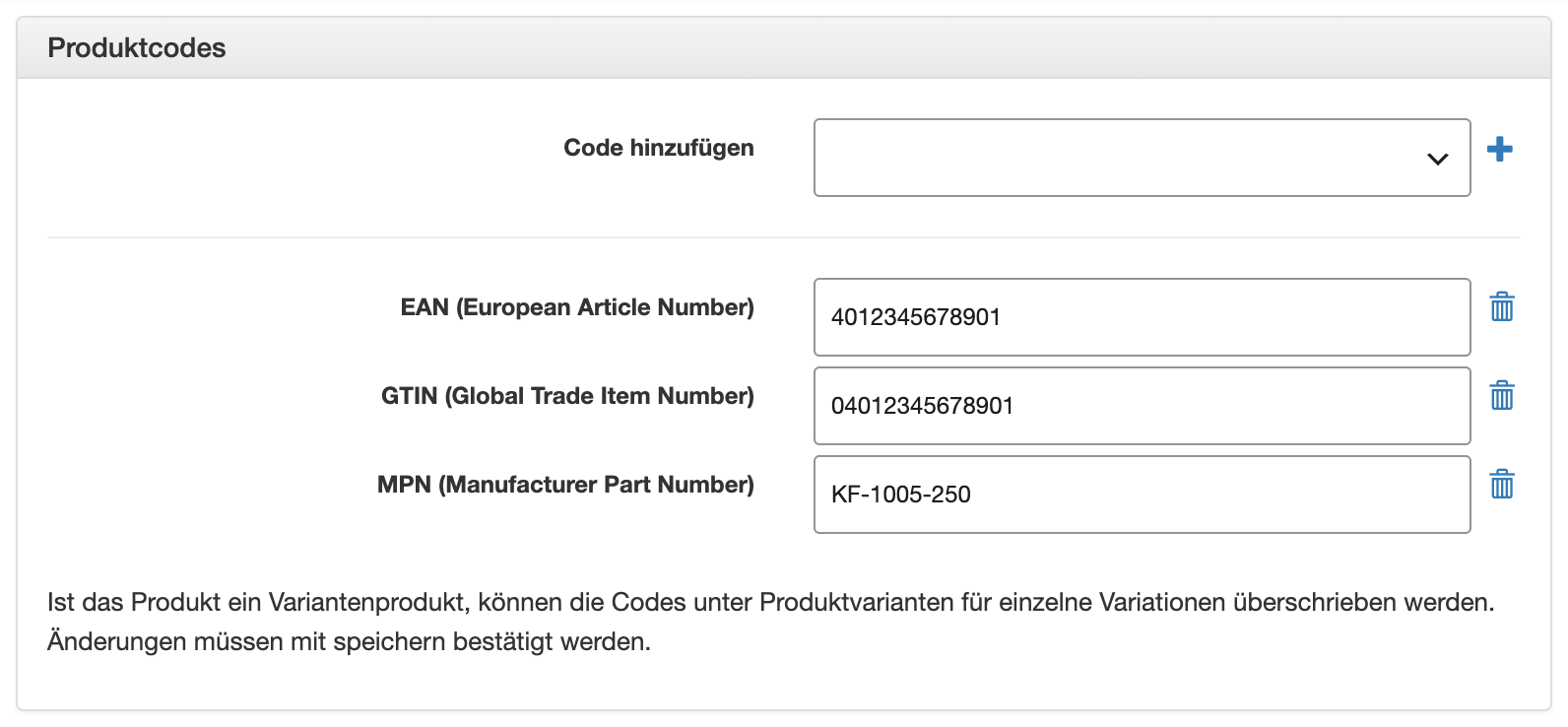 Kasten „Produktcodes“ mit EAN, GTIN und MPN